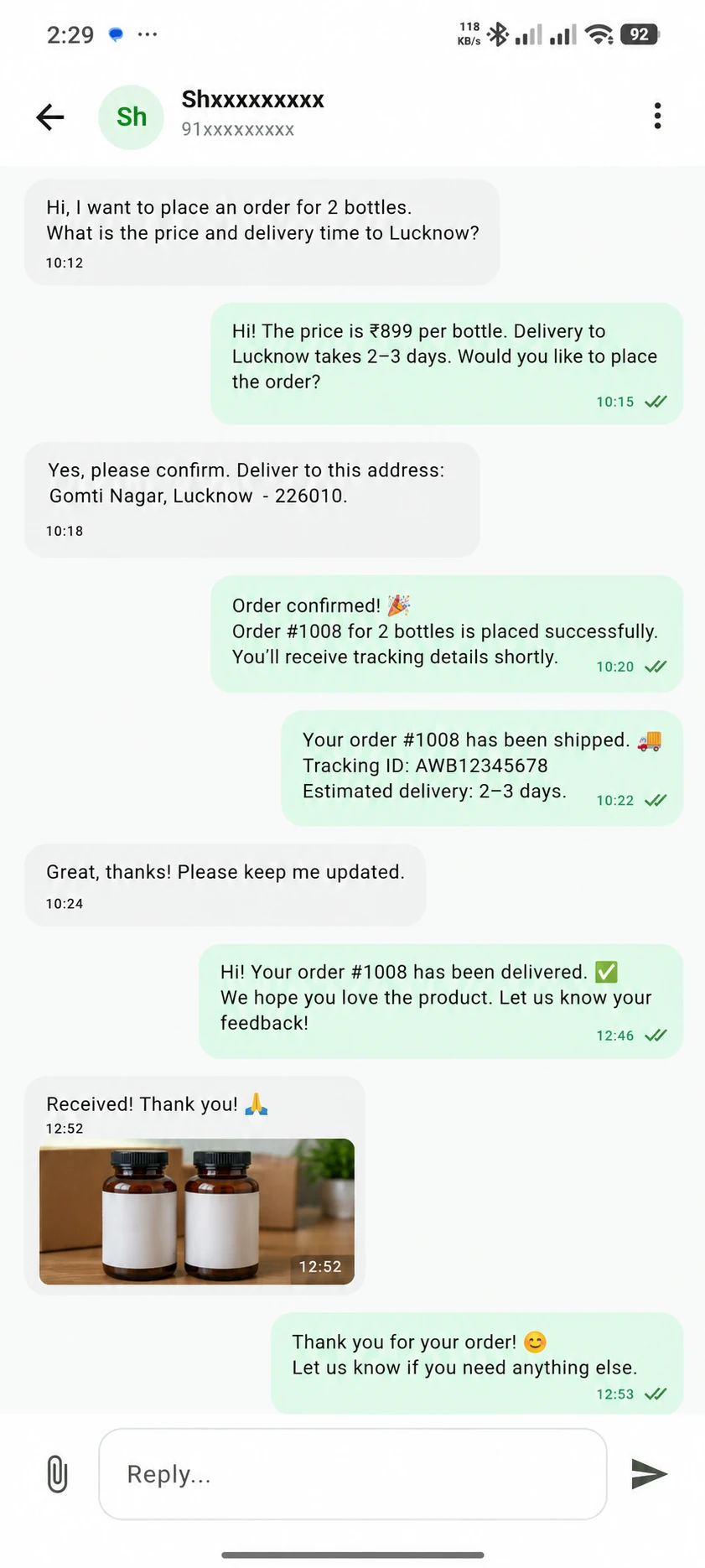 ChatWaba mobile conversation with business replies and an image attachment
