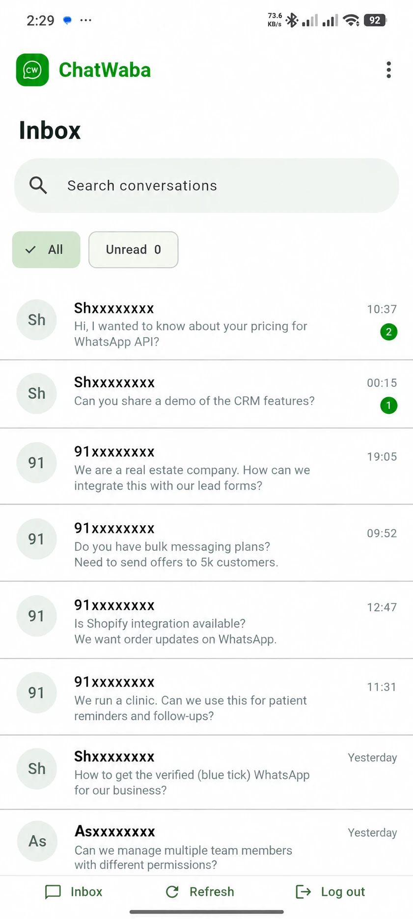ChatWaba Android inbox with masked customer details and business enquiries