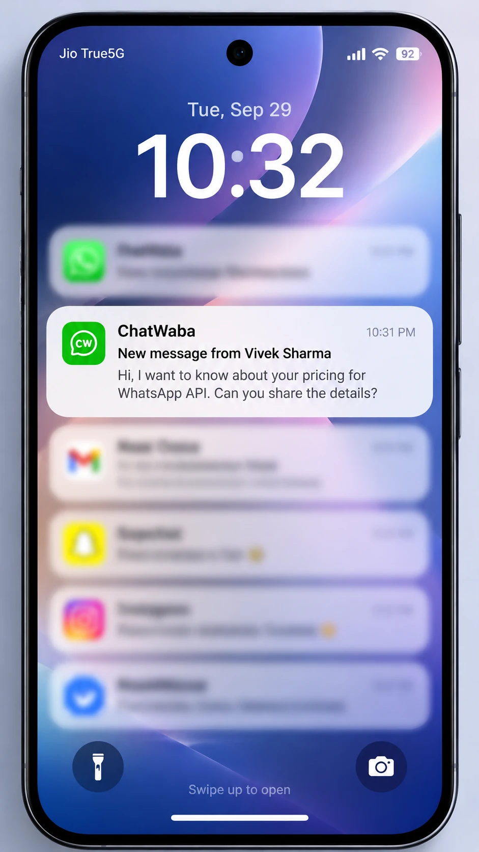 Illustrated ChatWaba notification preview showing a new business enquiry from Vivek Sharma